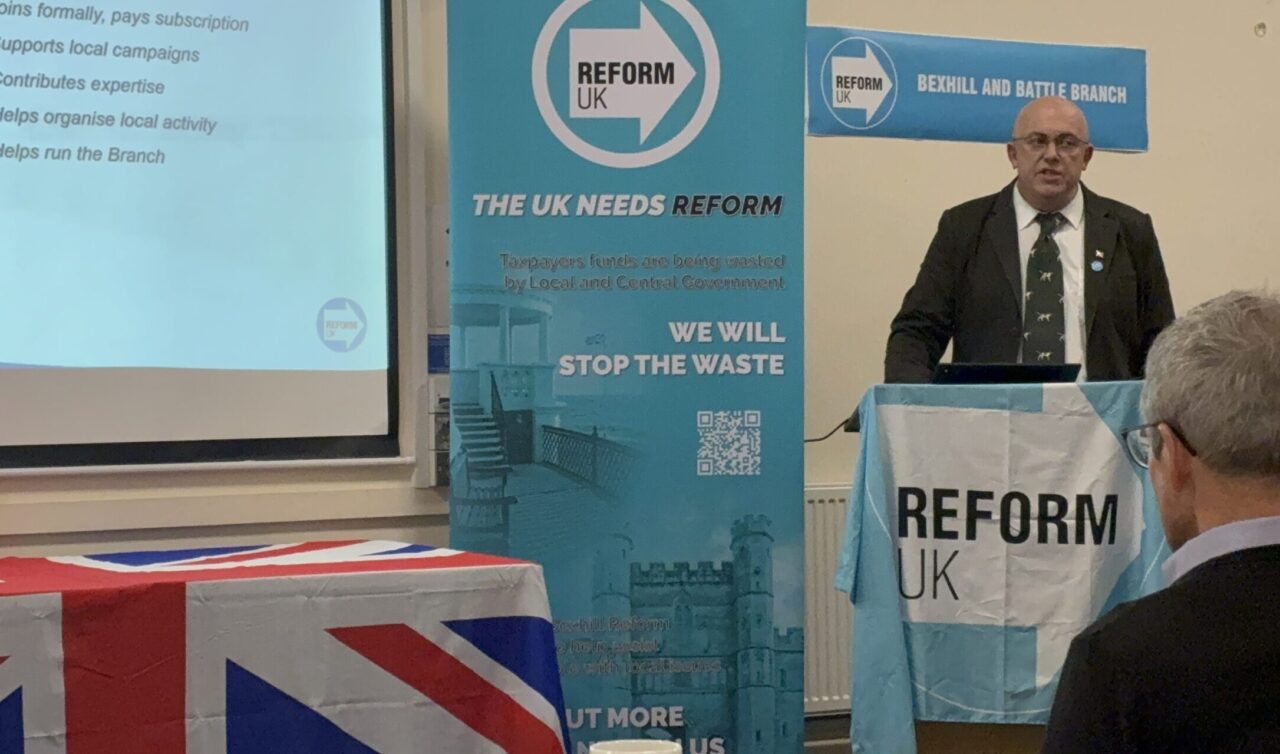 Battle Town Councillor Pete speaking to a group of Reform UK members at a local engagement event in Battle on 31 October 2025, encouraging them to consider standing as councillors.