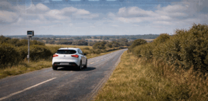 A white electric car travels along a quiet rural road surrounded by open countryside and rolling fields. The scene feels remote and isolated, reflecting the reality of life in many rural communities where car ownership is essential. Above the landscape, a large digital style mileage display sits across the sky, symbolising the growing sense of state tracking and monitoring felt by drivers.