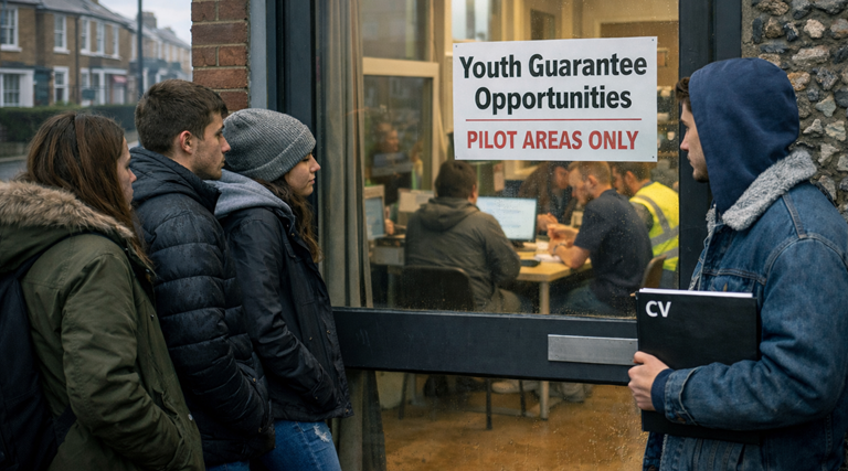 Four young people in East Sussex stand outside a glass door marked ‘Youth Guarantee Opportunities – Pilot Areas Only,’ looking inside at a training session. They wear coats and hoodies, one holding a CV folder, while raindrops cling to the window and people inside work at a table.